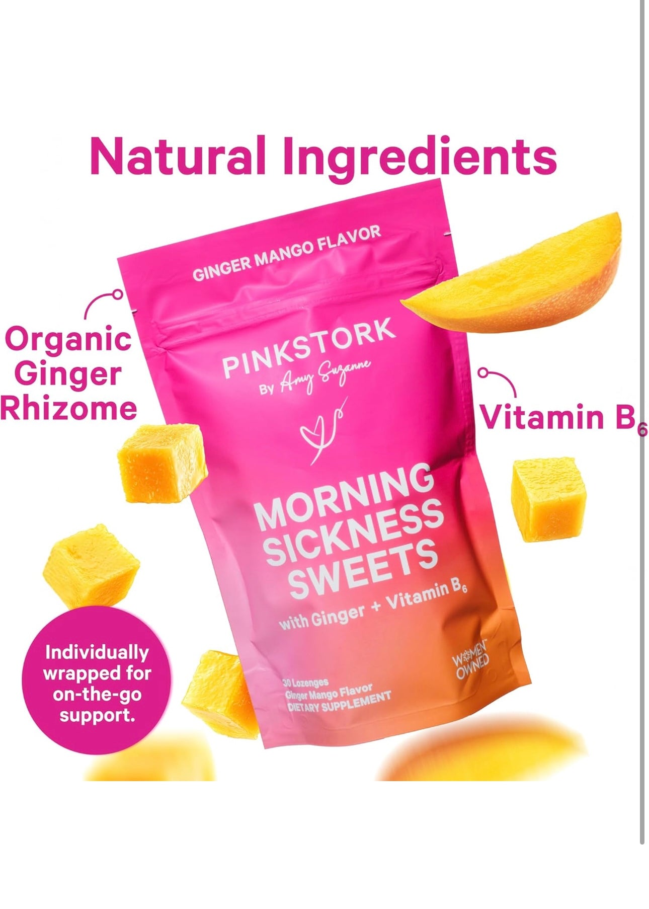Pink stork nausea sweets ginger mango flavor.